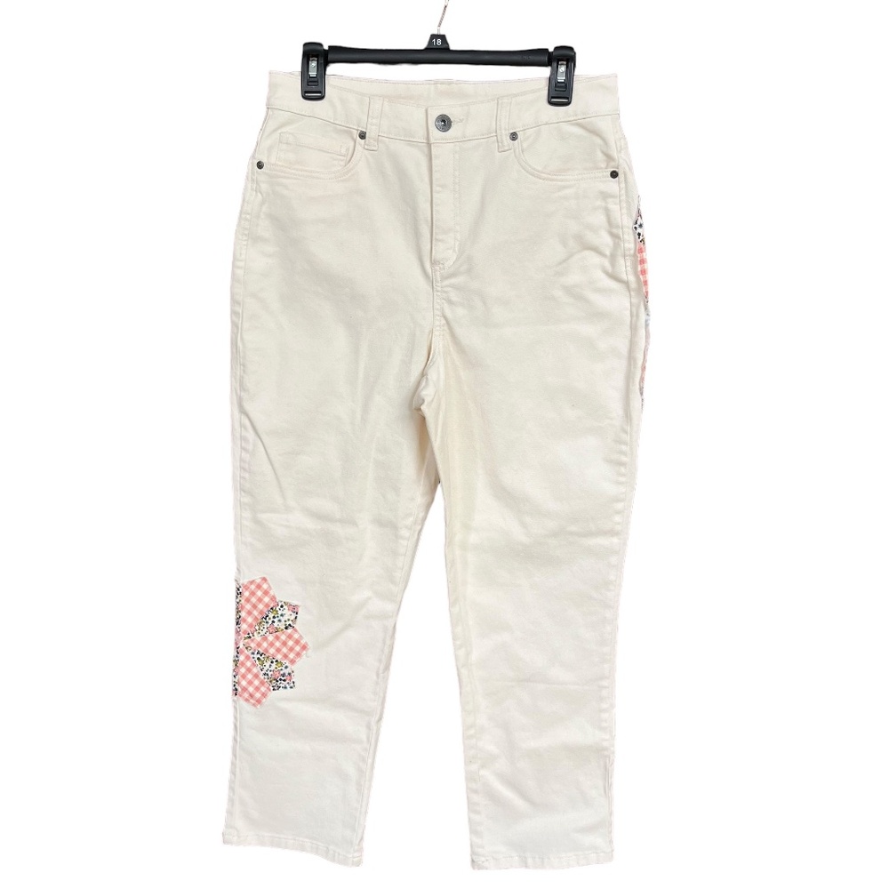 Style & Co Cream Denim Quilted Flower Patchwork High Rise Cropped Mom Jeans Sz 8